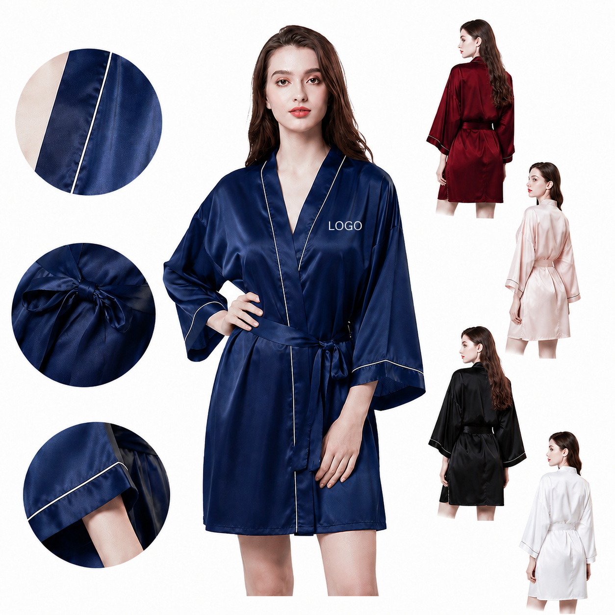 Contrast Trim Satin Kimono Robe with Adjustable Waist Tie