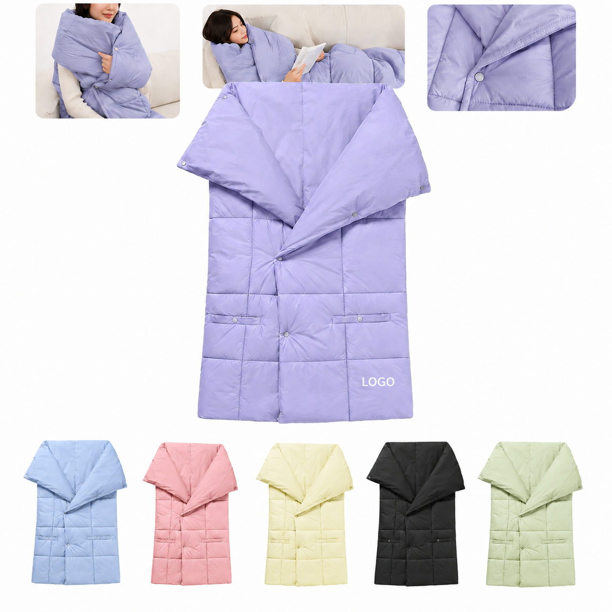 Electric Wearable Quilted Wrap and Throw Blanket with Carrying Pouch
