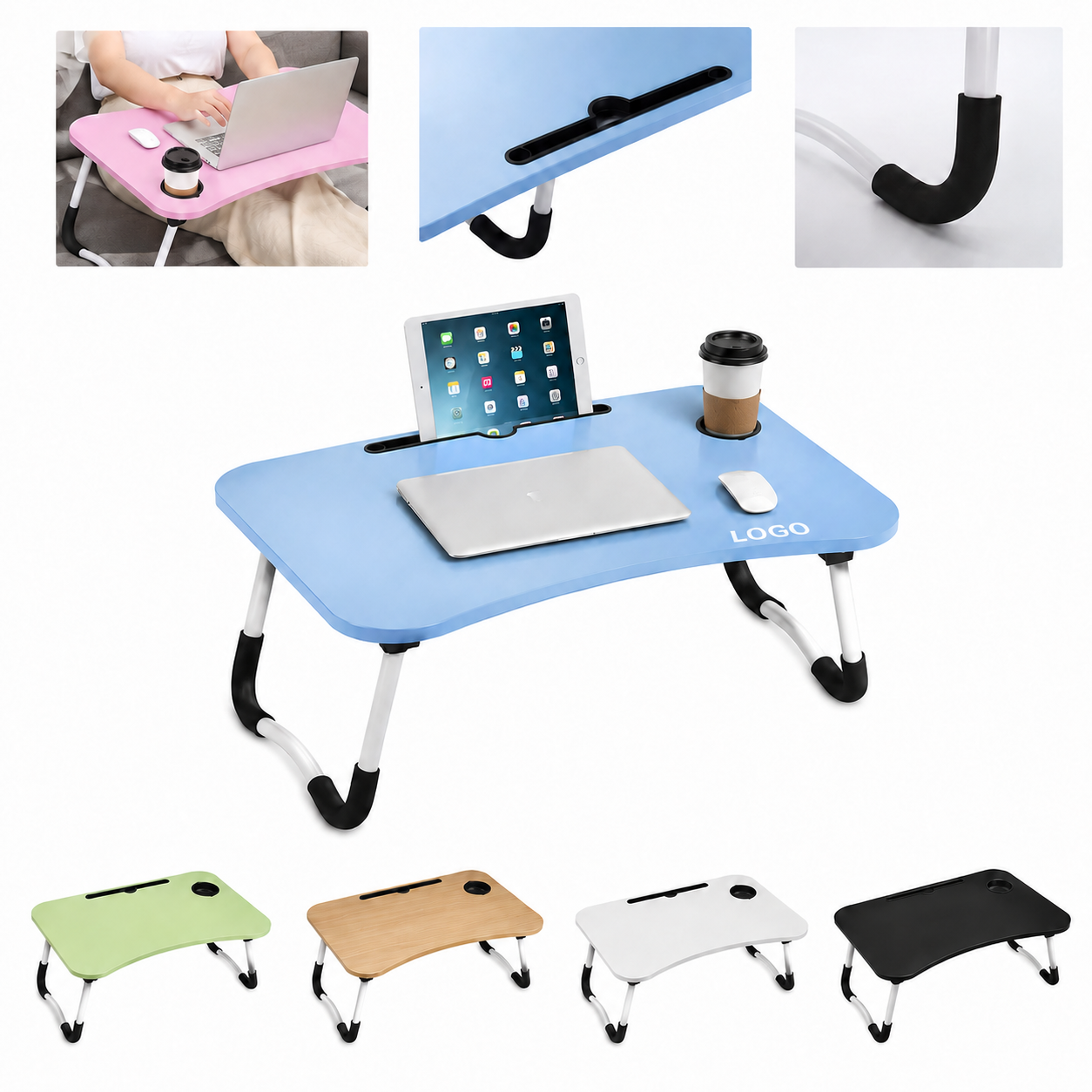 Collapsible Bed Tray Laptop Desk with Media Slot and Cup Holder