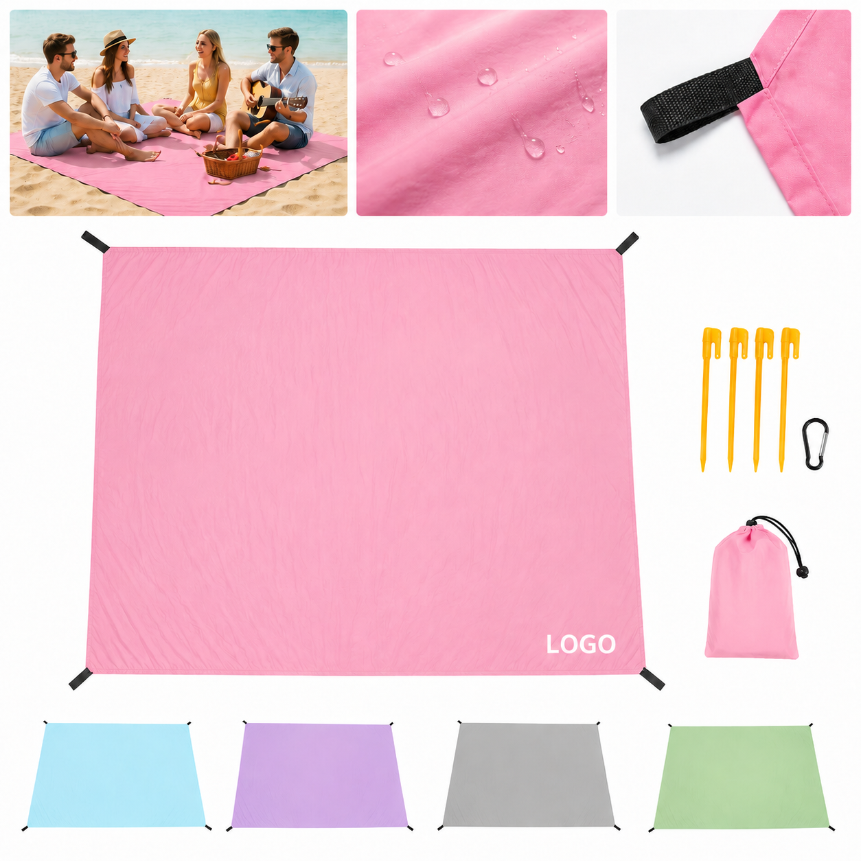 Water-Resistant Outdoor Ground Blanket with Ground Stakes and Storage Pouch