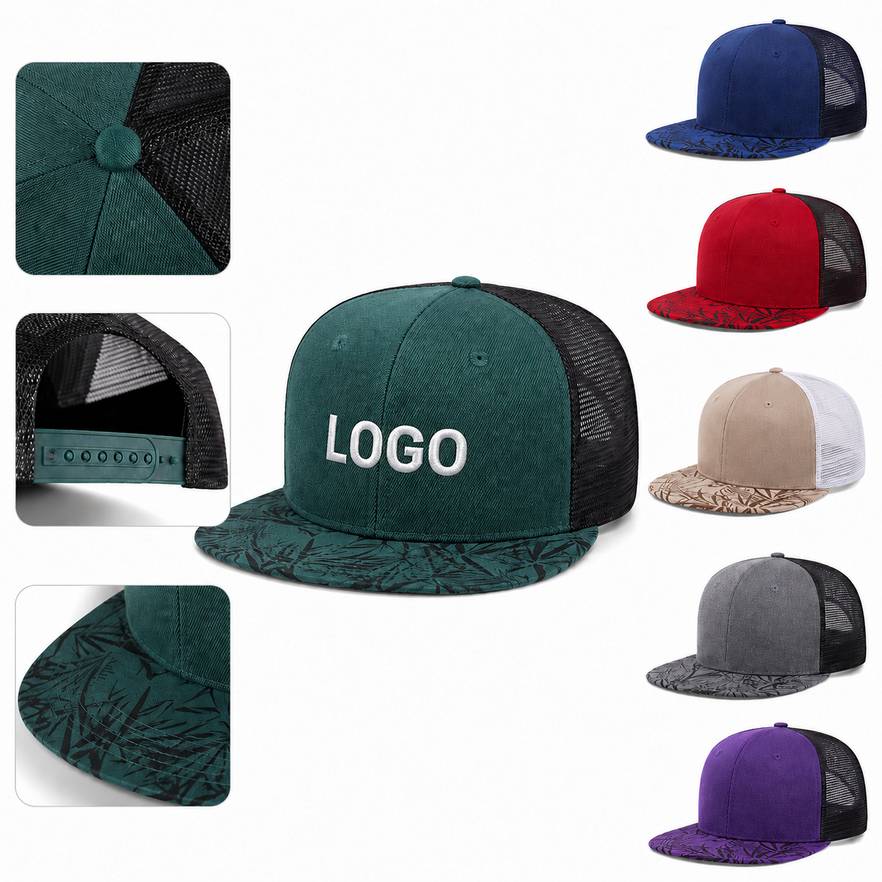 Two-Tone Patterned Brim Mesh Back Flat Bill Cap