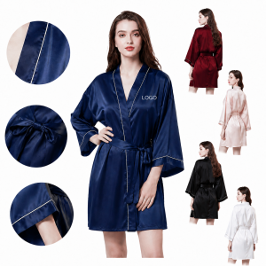 Contrast Trim Satin Kimono Robe with Adjustable Waist Tie