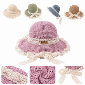 Breathable Woven Summer Sun Hat with Lace Ribbon and Custom Patch