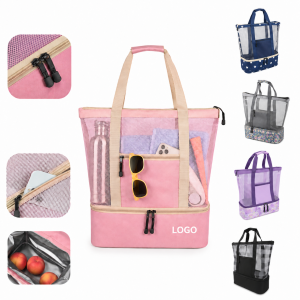 Dual-Compartment Mesh Beach Tote with Insulated Cooler Base
