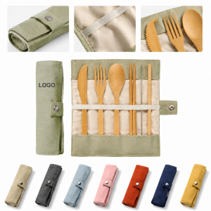 Sustainable Bamboo Travel Utensil Set in Canvas Roll-Up Pouch